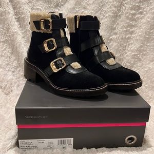 Vince Camuto black suede ankle boots, shearling ankle, zip up, size 7 1/2 W